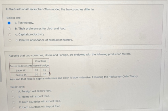 In the traditional Heckscher-Ohlin model, the two countries differ in: Select one: O a. Technology O b. Their preferences for