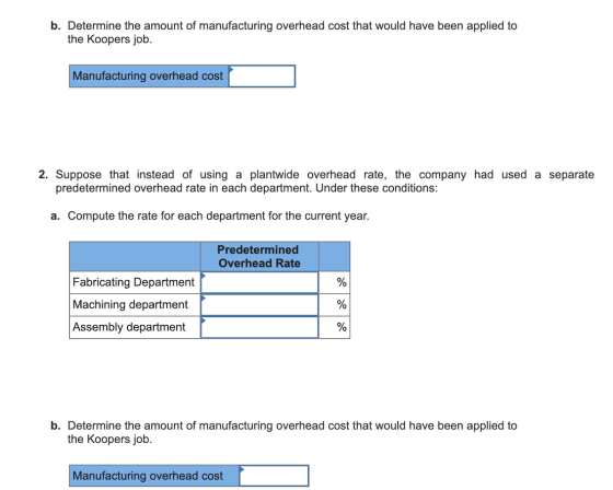 b. Determine the amount of manufacturing overhead cost that would have been applied to the Koopers job. Manufacturing overhea
