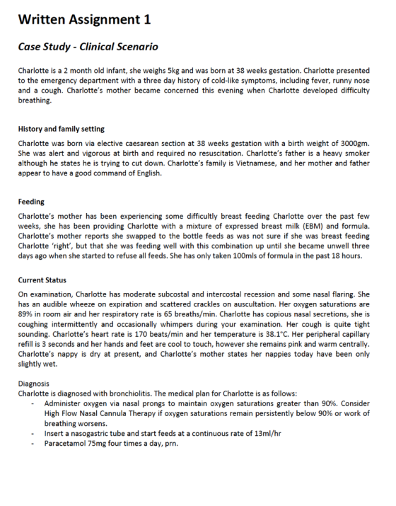 Written Assignment 1 Case Study - Clinical Scenario Charlotte is a 2 month old infant, she weighs 5kg and was born at 38 week