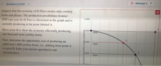< Question 12 of 24 > Attempt 3 - 5,000 Suppose that the economy of El Paso creates only cowboy boots and pecans. The product