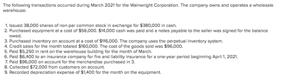The following transactions occurred during March 2021 for the Wainwright Corporation. The company owns and operates a wholesa