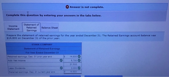 Answer is not complete. Complete this question by entering your answers in the tabs below. Income Statement of Retained Balan