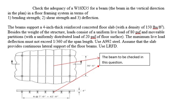 Check the adequacy of a W18X35 for a beam (the beam in the vertical direction in the plan) in a floor framing system in terms