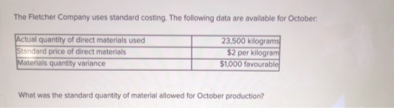 The Fletcher Company uses standard costing. The following data are available for October Actual quantity of direct materials