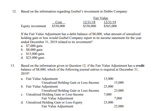 12. Based on the information regarding Goebels investment in Dobbs Company: Fair Value 12/31/18 12/31/19 $350,000 $365,000 C