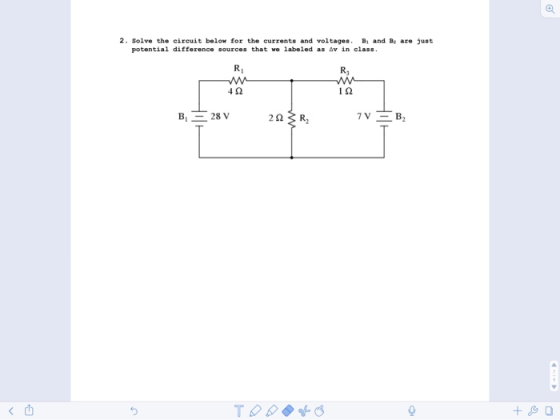 2. Solve the circuit below for the currents and voltages. B and Ba are just potential difference sources that we labeled as a