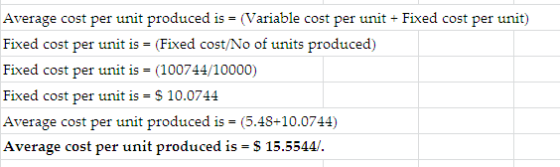Average cost per unit produced is = (Variable cost per unit + Fixed cost per unit) Fixed cost per unit is = (Fixed cost/No of