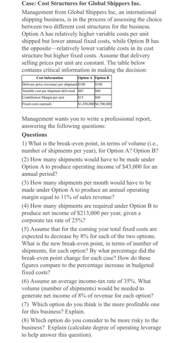 Case: Cost Structures for Global Shippers Inc. Management from Global Shippers Inc, an international shipping business, is in