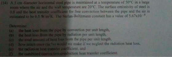 (14) A 5 cm diameter horizontal steel pipe is maintained at a temperature of 50°C in a large room where the air and the wall