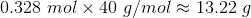 0.328 \ mol \times 40 \ g/ mol \approx 13.22 \ g