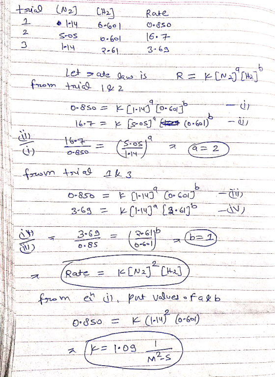 trial 1 (N2] olely 5.05 loy CH2] 60601 o bol 2.61 Rate Oosso 16.7 3.69 Let grate law is R = K[N2] [142] from trial 182 0-850
