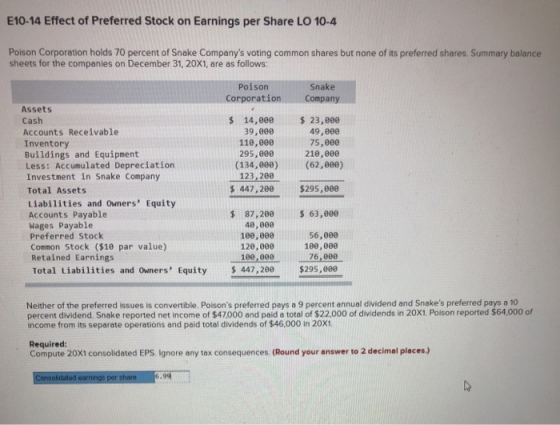 E10-14 Effect of Preferred Stock on Earnings per Share LO 10-4 Poison Corporation holds 70 percent of Snake Companys voting