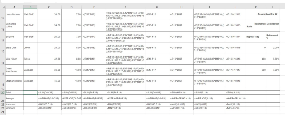 ДА в к Laura Godwin Wait Staff 30.00 7.00 =(C12*D12) =E12-F12 =IF(E12<$L$16,(E12*$M$15),IF(AND E12>$L$16,E12<$L$17).(E12*$M$1