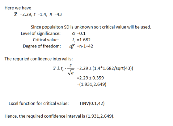 Here we have r2.29, s -1.4, n 43 Since populaiton SD is unknown so t critical value will be used. Level of significance: a -0.1 Critical value: t -1.682 Degree of freedom: -n-1-42 The requried confidence interval is: tt-2.29+ (1.4 1.682/sqrt(43)) 2.29 t0.359 (1.931,2.649) Excel function for critical value: TINV(0.1,42) Hence, the required confidence interval is (1.931,2.649)
