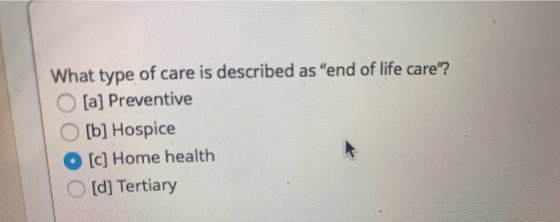 What type of care is described as end of life care? O [a] Preventive [b] Hospice (c) Home health [d] Tertiary