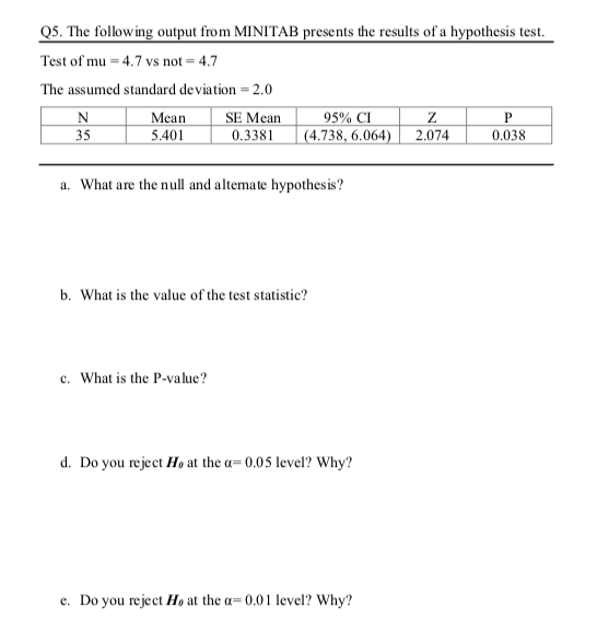 Q5. The following output from MINITAB presents the results of a hypothesis test. Test of mu = 4.7 vs not = 4.7 The assumed st