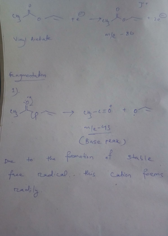 te 7ch on + 20 +200 mle - 86 Vinyl Acetate fragmentation ---> -c=8 + - m/e-43 (Base peak) the formation of stable radical, th