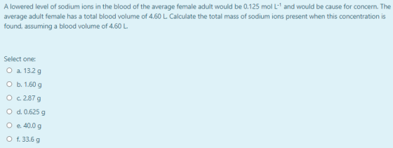 A lowered level of sodium ions in the blood of the average female adult would be 0.125 mol L and would be cause for concern.