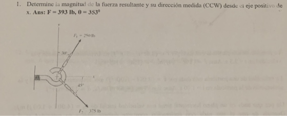 Determine la magnitud de la fuerza resultante y su dirección medida (CCW) desde ci eje positivo de X. Ans: F= 393 lb, θ = 3530 1. Fi 2501 45。 F 375 lb