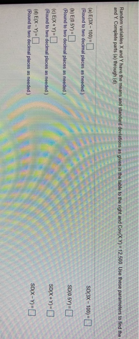 Random variables X and Y have the means and standard deviations as given in the table to the right and Cov(X.Y)-12.500 Use th