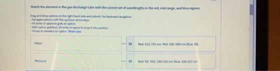 Match the element in the gas discharge tube with the correct set of wavelengths in the red, mid-range, and blue regions. Drag