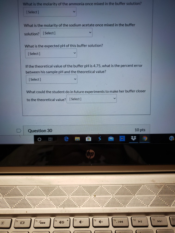 What is the molarity of the ammonia once mixed in the buffer solution? [Select] What is the molarity of the sodium acetate on