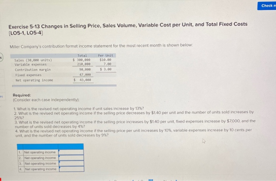 Check Exercise 5-13 Changes in Selling Price, Sales Volume, Variable Cost per Unit, and Total Fixed Costs (LO5-1, LO5.4) Mill