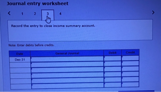 Journal entry worksheet 1 2 3 4 Record the entry to close income summary account. Note: Enter debits before credits. Date Gen