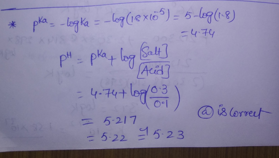 * pka_ -logka = -log (18x105) = 5 log (18) -4.74 pH = pka log Salt] Acid] = 4.74+ log/0.3 ) = 5.217 = 5.22 95.23 @is Correct