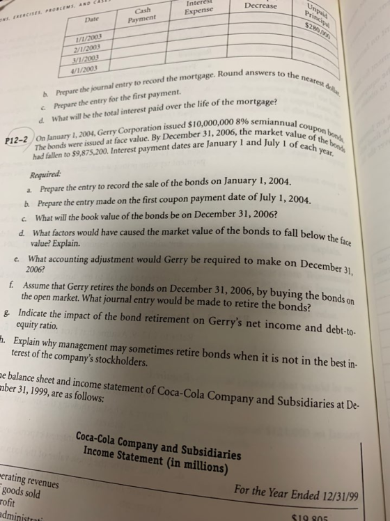 Interest Expense Decrease Unpaid Cash ONS. EXERCISES. PROBLEMS, AND CA! Date Payment $28035 1/1/2003 2/1/2003 3/1/2003 4/1/20