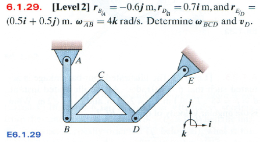 6.1.29. [Level 2] = -0.6j m,rpa=0.7i m, and run = (0.5i + 0.5j) m. w AB = 4k rad/s. Determine w bcb and vp. E6.1.29 B D