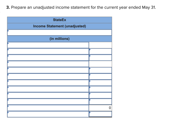 3. Prepare an unadjusted income statement for the current year ended May 31. StateEx Income Statement (unadjusted) (in millio