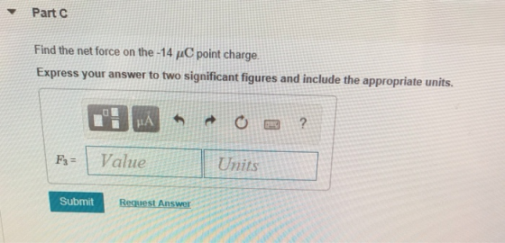 Part C Find the net force on the -14 pC point charge Express your answer to two significant figures and include the appropriate units. PValue Units Submit Request Answer
