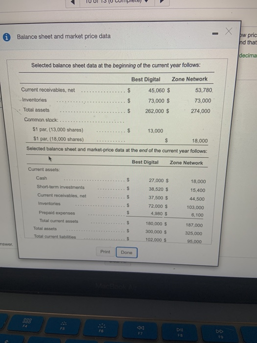Balance sheet and market price data bw pric nd that decima Selected balance sheet data at the beginning of the current year f