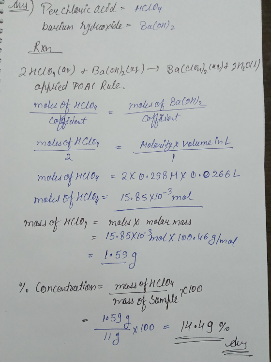 Peu chleuic acid = HCLOY bautum hydiwyideBalon) 2nuo, (a)Balon, le)BalCle, ()no applied POAC Rule meles of Hcloy Cofecient me