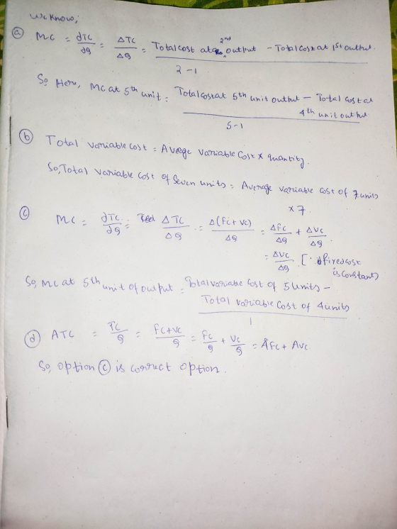 we know, мус dic ДТС 2nd 09 To tal cost ath Output - Total cost at 1st output. 40 2-1 So here, Mc at 5th unit: Total costat 5