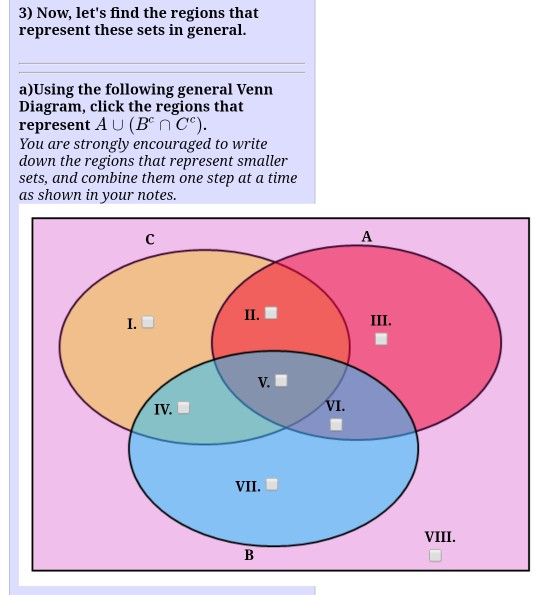 3) Now, lets find the regions that represent these sets in general. a)Using the following general Venn Diagram, click the re