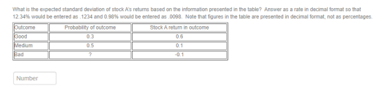 What is the expected standard deviation of stock As returns based on the information presented in the table? Answer as a rat