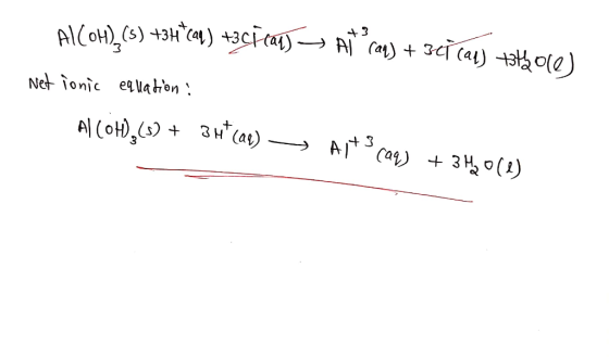3 Al(OH)_(s) +3+*cal) +3cīcaq) → AH can) + 341 (21) +3 ore) Net ionic equlation : Al(OH),(s) + 3H*(as) — Ajts caq) + 340()