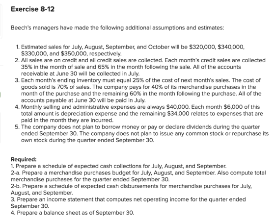 Exercise 8-12 Beechs managers have made the following additional assumptions and estimates: 1. Estimated sales for July, Aug