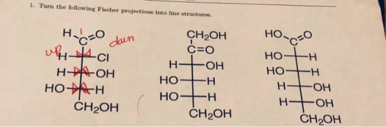 1. Turn the following Fischer projections into line structures. H. CEO dawn vн-Ф-сі НА-ОН HOAH CH2OH CH2OH c=o н +ОН НО-НН HO