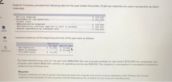 Superior Company provided the following data for the year ended December 31 (all raw materials are used in production as dire