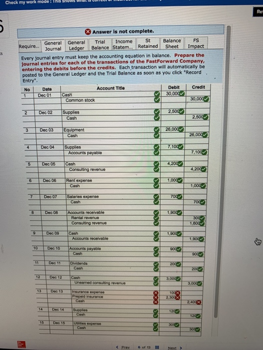 Check my work mode: 1 Shows What I LILL Ret X Answer is not complete. General General Trial Income St Balance FS Require... J