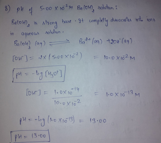 8) pH of in. 5.00 8 10 ²M Baloh solution & Baloh), is strong base. completly dimocrates into ions aqueous (29) Bodt (aq) +204