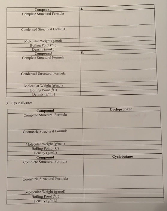 4. Compound Complete Structural Formula Condensed Structural Formula Molecular Weight (g/mol) Boiling Point (°C) Density (g/m
