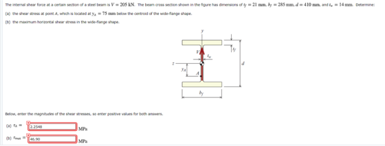 The internal shear force at a certain section of a steel beam is V = 205 KN. The beam cross section shown in the figure has d