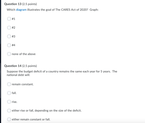 Question 13 (2.5 points) Which diagram illustrates the goal of The CARES Act of 2020? Graph: #1 #2 #3 #4 none of the above Qu