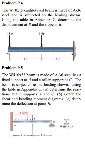 Problem 9.4 The W10x15 cantilevered beam is made of A-36 steel and is subjected to the loading shown. Using the table in Appe
