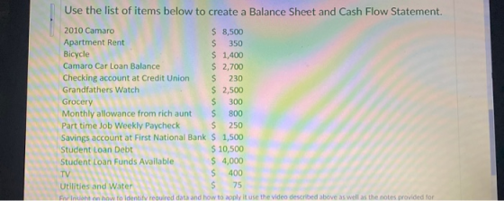 Use the list of items below to create a Balance Sheet and Cash Flow Statement. 2010 Camaro $ 8,500 Apartment Rent 350 Bicycle