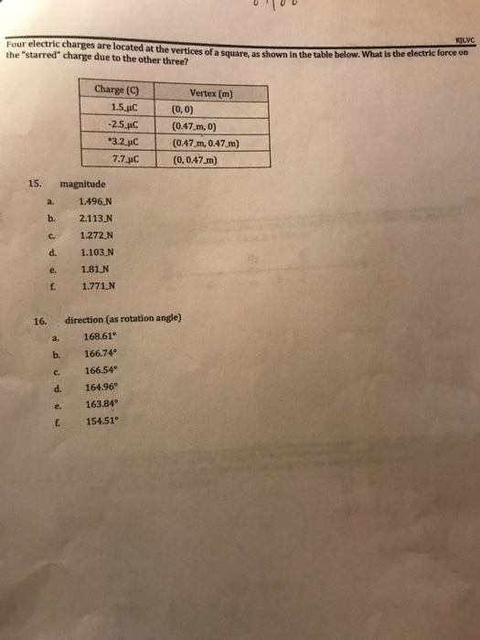 KILVC Four electric charges are located at the vertices of a square, as shown in the the starred charge due to the other three? table below. What is the electric force on Charge (C) 1.5.AC -2.5 pC 3.2.HC 7.7uC(0,0.47.m) Vertex (m) (0, 0) (0.47 m, 0) (0.47.m, 0.47.m) 15. magnitude a. 1.496.N b. 2.113 N c. 1.272,N d. 1.103N e. 1.81N f. 1.771N direction (as rotation angle) a. 168.61 b. 166.74 C. d. 164.96 e. 163.84 f 154.51° 16. 166.54